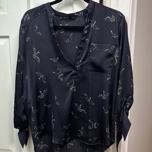 Zara Dark Blue Blouse with Bird Pattern